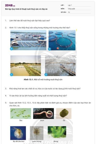 Bài tập Quy trình kĩ thuật nuôi thuỷ sản có đáp án