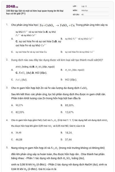 330 Bài tập Sắt và một số kim loại quan trọng ôn thi Đại học có lời giải (P1)