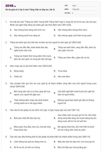 Đề thi giữa kì 2 lớp 5 môn Tiếng Việt có đáp án ( Đề 4)