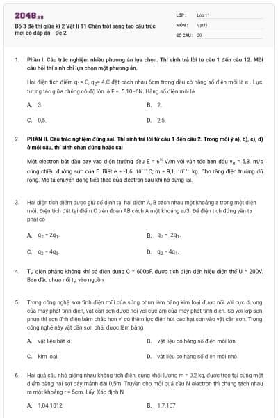 Bộ 3 đề thi giữa kì 2 Vật lí 11 Chân trời sáng tạo cấu trúc mới có đáp án - Đề 2
