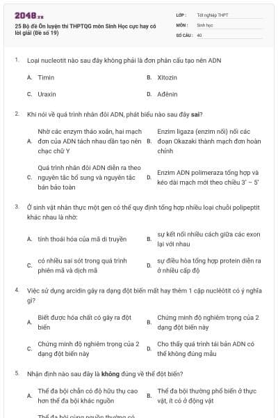 25 Bộ đề Ôn luyện thi THPTQG môn Sinh Học cực hay có lời giải (Đề số 19)