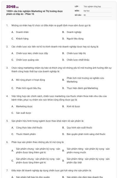 1000+ câu trắc nghiệm Marketing và Thị trường dược phẩm có đáp án - Phần 16