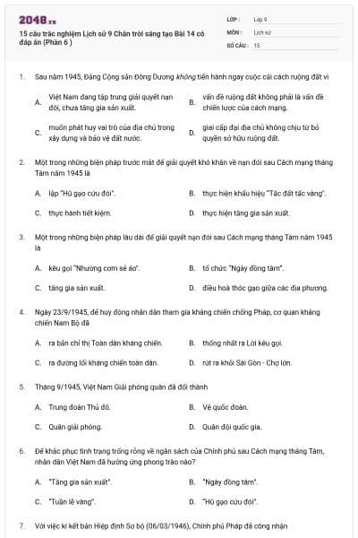 15 câu trắc nghiệm Lịch sử 9 Chân trời sáng tạo Bài 14 có đáp án (Phần 6 )