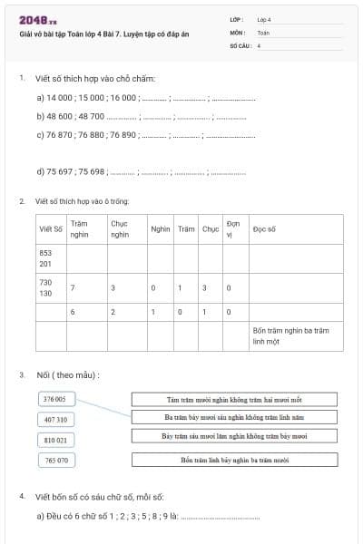 Giải vở bài tập Toán lớp 4 Bài 7. Luyện tập có đáp án