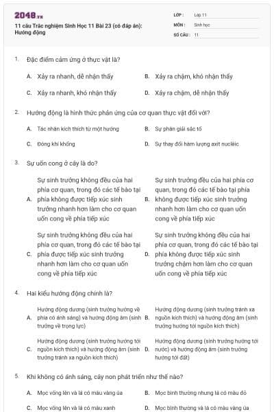 11 câu  Trắc nghiệm Sinh Học 11 Bài 23 (có đáp án): Hướng động