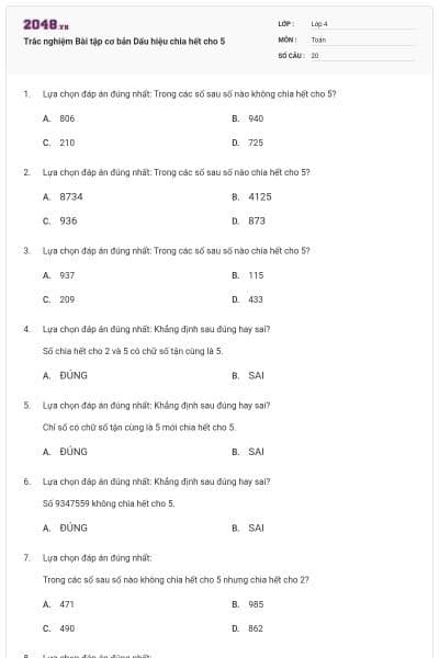 Trắc nghiệm Bài tập cơ bản Dấu hiệu chia hết cho 5