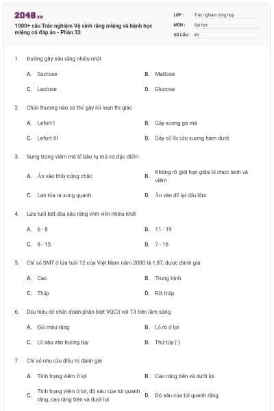 1000+ câu Trắc nghiệm Vệ sinh răng miệng và bệnh học miệng có đáp án - Phần 33