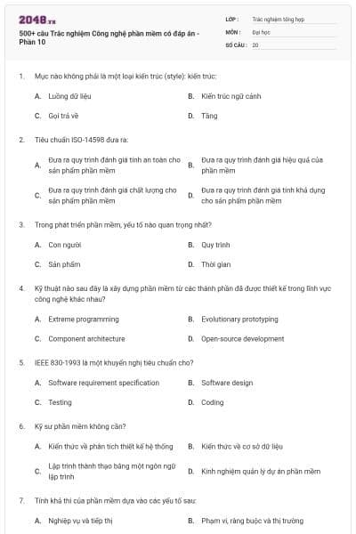500+ câu Trắc nghiệm Công nghệ phần mềm có đáp án - Phần 10