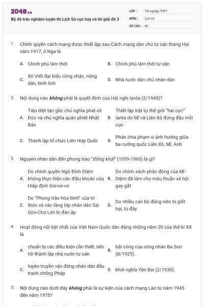 Bộ đề trắc nghiệm luyện thi Lịch Sử cực hay có lời giải đề 3