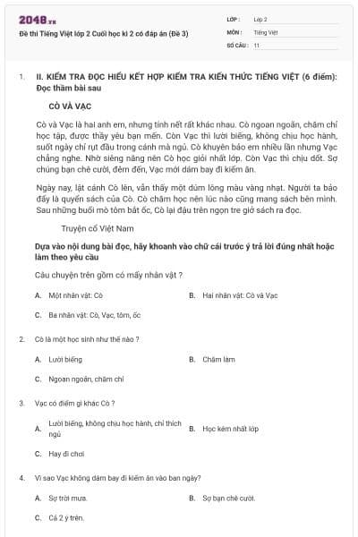 Đề thi Tiếng Việt lớp 2 Cuối học kì 2 có đáp án (Đề 3)