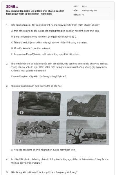 Giải sách bài tập GDCD lớp 6 Bài 8: Ứng phó với các tình huống nguy hiểm từ thiên nhiên - Cánh diều