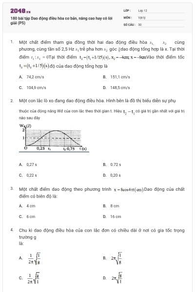 180 bài tập Dao động điều hòa cơ bản, nâng cao hay có lời giải (P5)