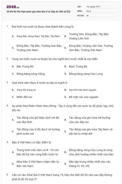 20 Đề thi thử thpt quốc gia môn Địa lí có đáp án (Đề số 02)