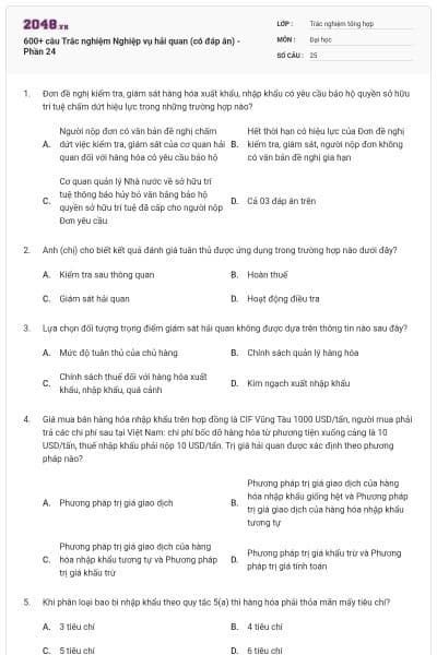600+ câu Trắc nghiệm Nghiệp vụ hải quan (có đáp án) - Phần 24