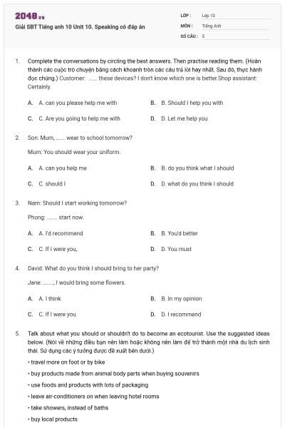 Giải SBT Tiếng anh 10 Unit 10. Speaking có đáp án