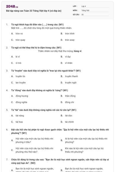 Bài tập nâng cao Tuần 33 Tiếng Việt lớp 4 (có đáp án)