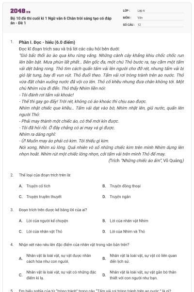 Bộ 10 đề thi cuối kì 1 Ngữ văn 6 Chân trời sáng tạo có đáp án - Đề 1