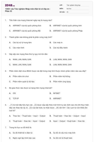 1000+ câu Trắc nghiệm Nhập môn điện tử có đáp án - Phần 32