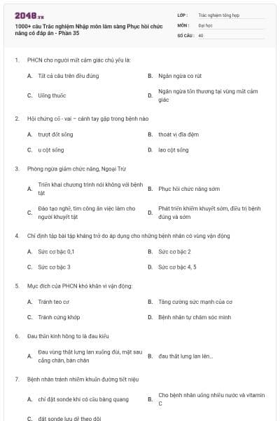 1000+ câu Trắc nghiệm Nhập môn lâm sàng Phục hồi chức năng có đáp án - Phần 35