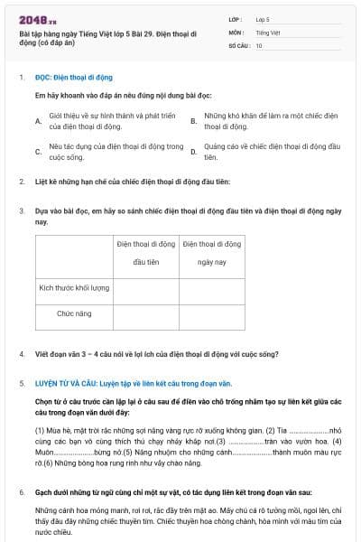 Bài tập hàng ngày Tiếng Việt lớp 5 Bài 29. Điện thoại di động (có đáp án)