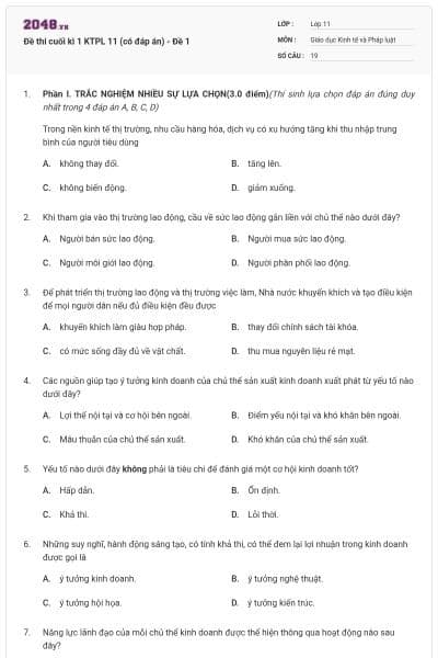 Đề thi cuối kì 1 KTPL 11 (có đáp án) - Đề 1