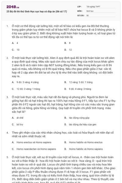 25 Bộ đề thi thử Sinh Học cực hay có đáp án (Đề số 17)