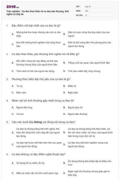 Trắc nghiệm : Ca dao than thân và ca dao yêu thương, tình nghĩa có đáp án