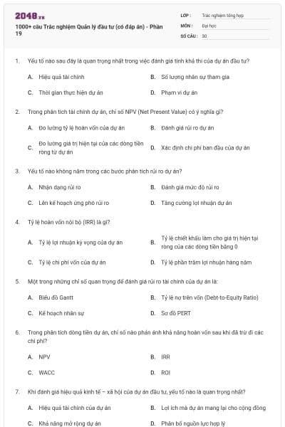 1000+ câu Trắc nghiệm Quản lý đầu tư (có đáp án) - Phần 19