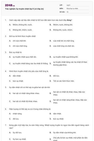 Trắc nghiệm Sự truyền nhiệt lớp 8 (có đáp án)
