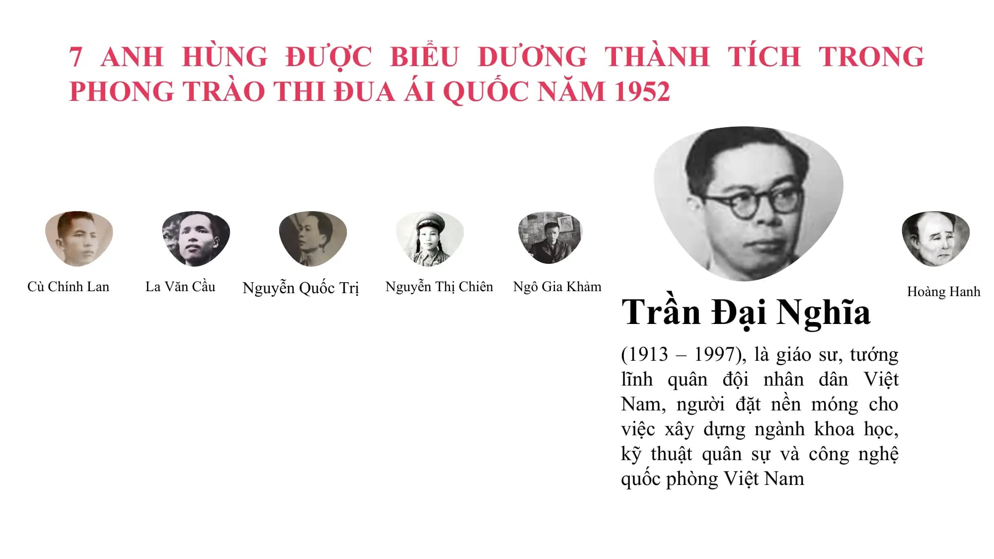 7 ANH HÙNG ĐƯỢC BIỂU DƯƠNG THÀNH TÍCH TRONG
 PHONG TRÀO THI ĐUA ÁI QUỐC NĂM 1952

Cù Chính Lan La Văn Cầu Nguyễn Quốc Trị Nguyễn Thị Chiên Ngô Gia Khảm

 Trần Đại Nghĩa
 Hoàng Hanh

 (1913 – 1997), là giáo sư, tướng
 lĩnh quân đội nhân dân Việt
 Nam, người đặt nền móng cho
 việc xây dựng ngành khoa học,
 kỹ thuật quân sự và công nghệ
 quốc phòng Việt Nam