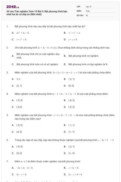 30 câu  Trắc nghiệm Toán 10 Bài 3: Bất phương trình bậc nhất hai ẩn có đáp án (Mới nhất)