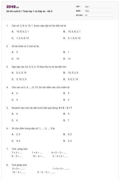 Đề thi cuối kì 1 Toán lớp 1 có đáp án - Đề 5