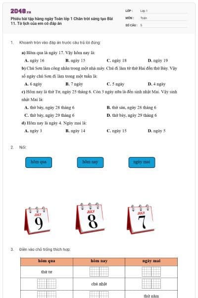 Phiếu bài tập hàng ngày Toán lớp 1 Chân trời sáng tạo Bài 11. Tờ lịch của em có đáp án