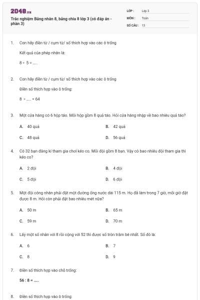 Trắc nghiệm Bảng nhân 8, bảng chia 8 lớp 3 (có đáp án - phần 3)