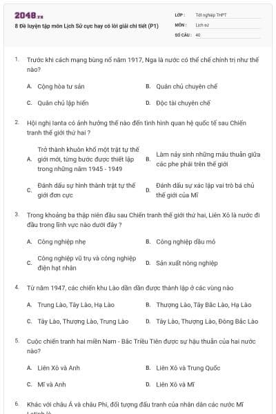 8 Đề luyện tập môn Lịch Sử cực hay có lời giải chi tiết (P1)