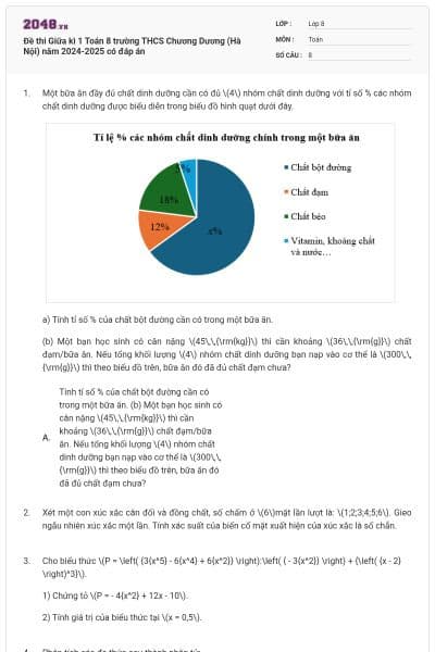 Đề thi Giữa kì 1 Toán 8 trường THCS Chương Dương (Hà Nội) năm 2024-2025 có đáp án