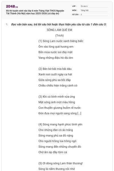 Đề thi tuyển sinh vào lớp 6 môn Tiếng Việt THCS Nguyễn Tất Thành (Hà Nội) năm học 2025-2026 (có đáp án)