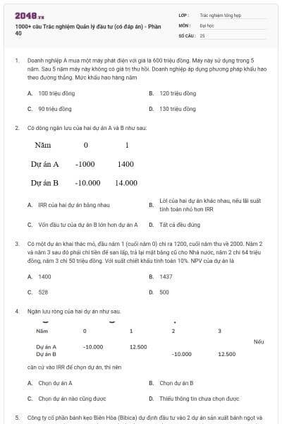 1000+ câu Trắc nghiệm Quản lý đầu tư (có đáp án) - Phần 40