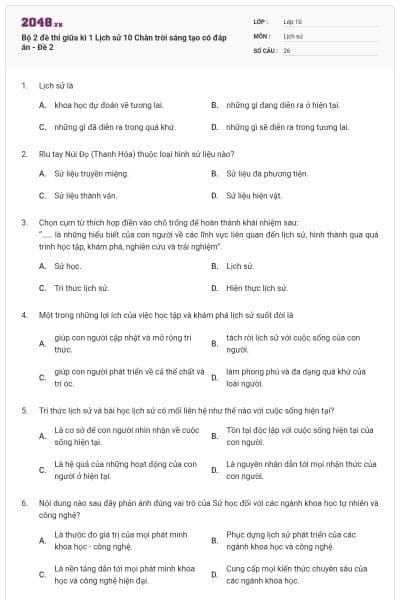 Bộ 2 đề thi giữa kì 1 Lịch sử 10 Chân trời sáng tạo có đáp án - Đề 2