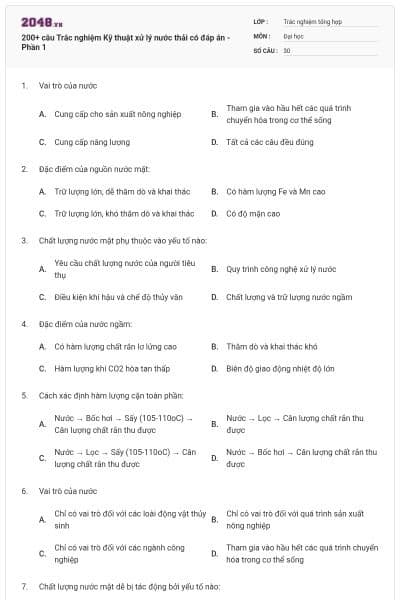 200+ câu Trắc nghiệm Kỹ thuật xử lý nước thải có đáp án - Phần 1