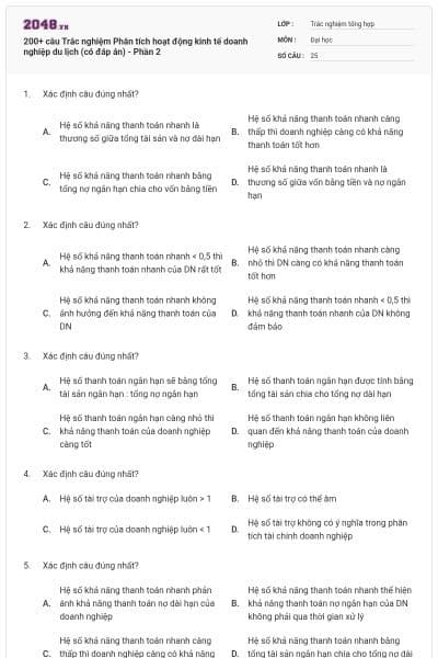 200+ câu Trắc nghiệm Phân tích hoạt động kinh tế doanh nghiệp du lịch (có đáp án) - Phần 2