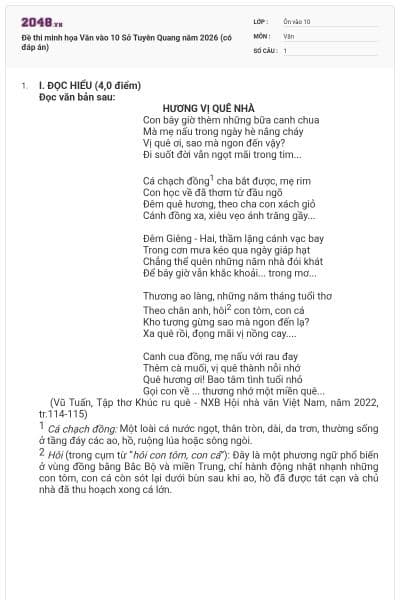 Đề thi minh họa Văn vào 10 Sở Tuyên Quang năm 2026 (có đáp án)
