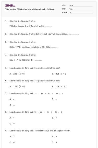 Trắc nghiệm Bài tập Chia một số cho một tích có đáp án