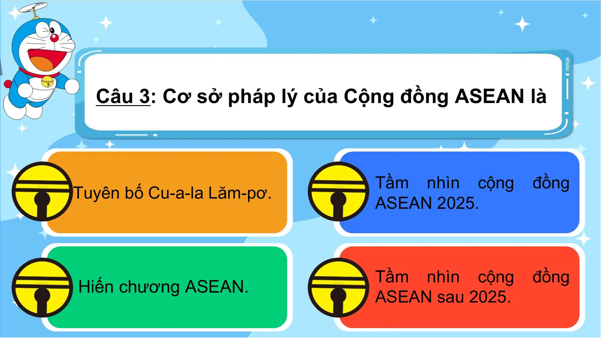Câu 3: Cơ sở pháp lý của Cộng đồng ASEAN là

 Tầm nhìn cộng đồng
Tuyên bố Cu-a-la Lăm-pơ.
 ASEAN 2025.

 Tầm nhìn cộng đồng
Hiến chương ASEAN.
 ASEAN sau 2025.