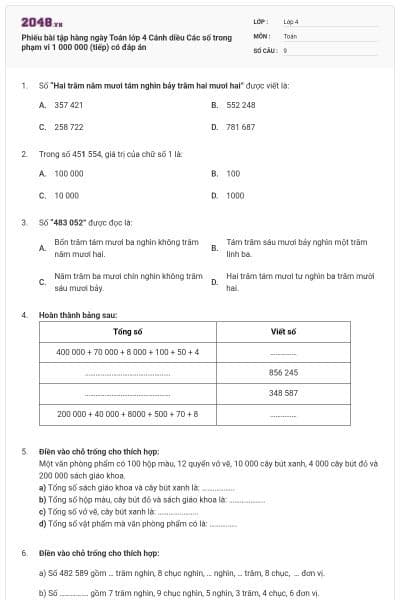 Phiếu bài tập hàng ngày Toán lớp 4 Cánh diều Các số trong phạm vi 1 000 000 (tiếp) có đáp án