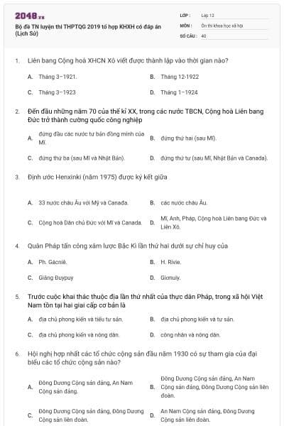 Bộ đề TN luyện thi THPTQG 2019 tổ hợp KHXH có đáp án (Lịch Sử)