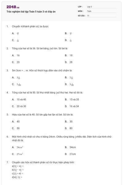 Trắc nghiệm bài tập Toán 5 tuần 3 có đáp án
