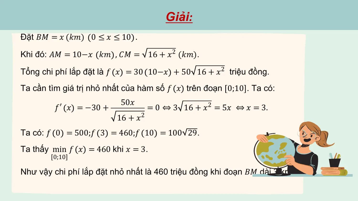 Giải:
Đặt 𝐵𝑀 = 𝑥 (𝑘𝑚) 0 ≤ 𝑥 ≤ 10 .

Khi đó: 𝐴𝑀 = 10−𝑥 𝑘𝑚 , 𝐶𝑀 = 16 + 𝑥2 (𝑘𝑚).

Tổng chi phí lắp đặt là 𝑓 𝑥 = 30 10−𝑥 + 50 16 + 𝑥2 triệu đồng.
Ta cần tìm giá trị nhỏ nhất của hàm số 𝑓 𝑥 trên đoạn 0;10 . Ta có:
 50𝑥
 𝑓 ′ 𝑥 = −30 + = 0 ⇔ 3 16 + 𝑥2 = 5𝑥 ⇔ 𝑥 = 3.
 16 + 𝑥2
Ta có: 𝑓 0 = 500;𝑓 3 = 460;𝑓 10 = 100 29.
Ta thấy min 𝑓 𝑥 = 460 khi 𝑥 = 3.
 0;10

Như vậy chi phí lắp đặt nhỏ nhất là 460 triệu đồng khi đoạn 𝐵𝑀 dài 3 km.