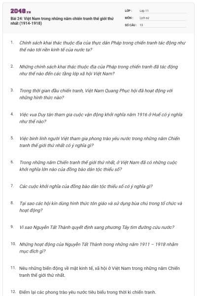 Bài 24: Việt Nam trong những năm chiến tranh thế giới thứ nhất (1914-1918)