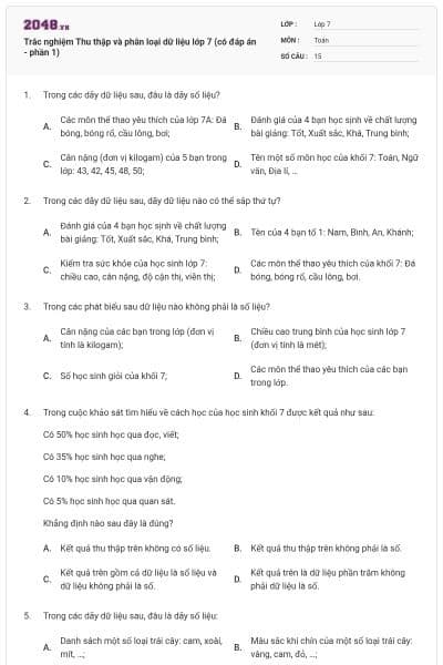 Trắc nghiệm Thu thập và phân loại dữ liệu lớp 7 (có đáp án - phần 1)